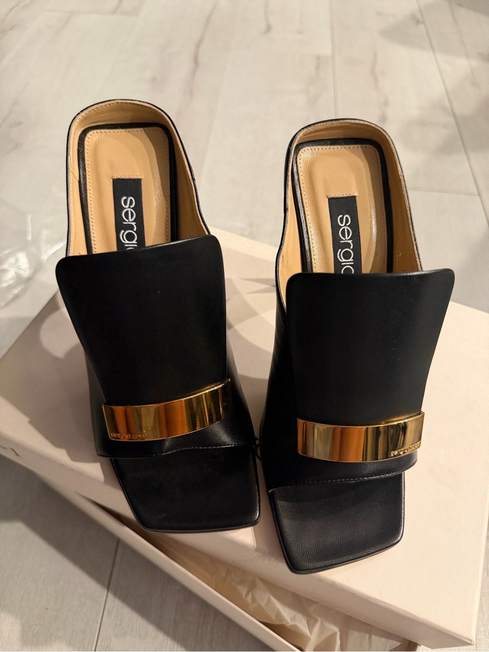 Sergio Rossi Black Leather Mules with Gold Accent